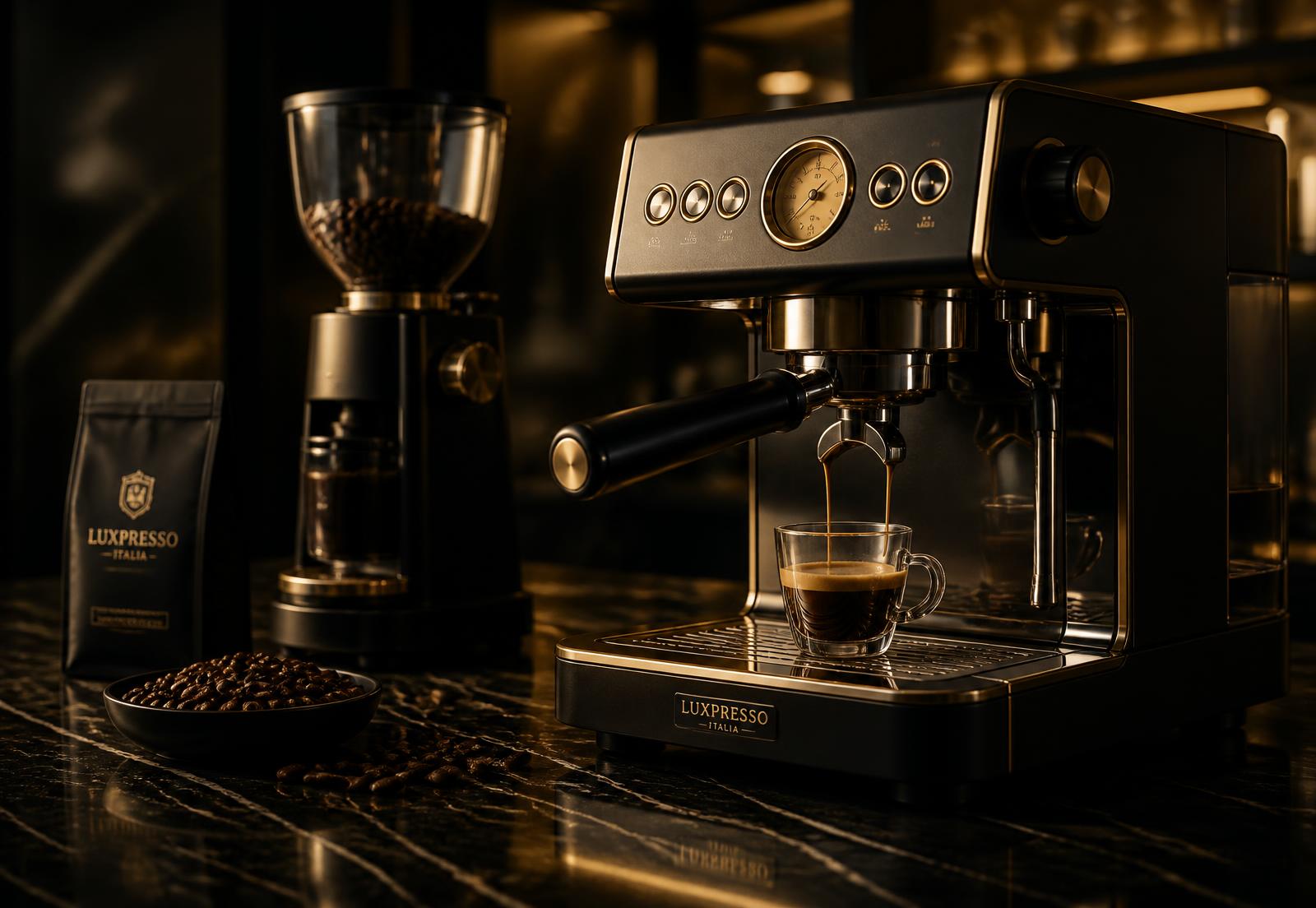 Espressomachine met koffiemolen en verse bonen op zwart marmer in warm goudlicht